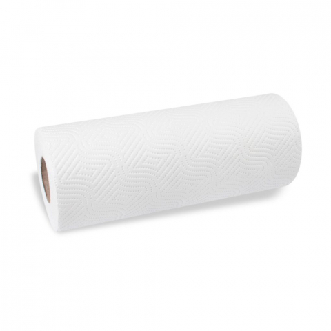 Einzelne Rolle dreilagiges hochweißes Küchenpapier aus 100% Zellstoff, extra saugfähig für den professionellen Kücheneinsatz.