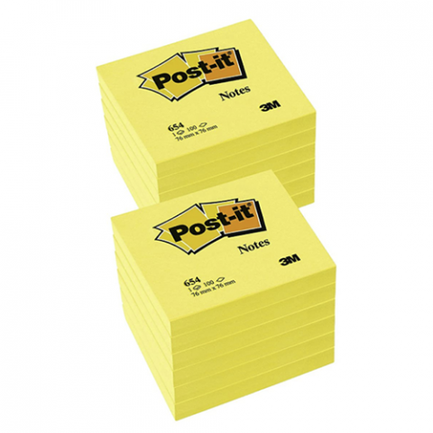 Post-it® 654 Haftnotizen – 76x76 mm, kanariengelb, mit exzellenter Klebkraft und rückstandslosem Ablösen auf glatten Oberflächen.