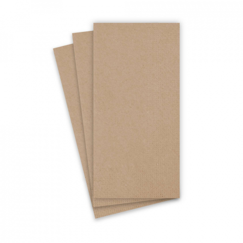 Umweltfreundliche 2-lagige Servietten (33 x 33 cm) in Naturbraun mit ⅛-Buchfalz – ideal für nachhaltige Tischkultur in Restaurants und Catering.