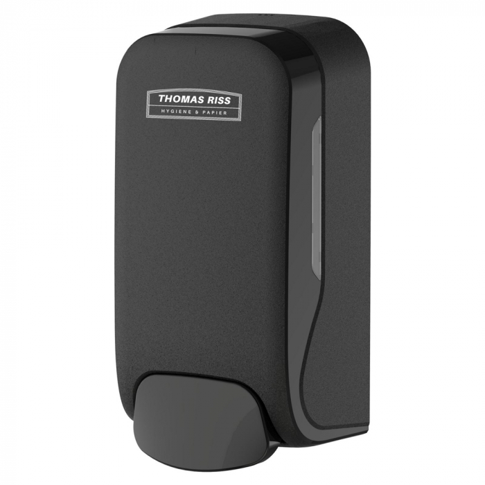 Robuster und eleganter Seifenspender aus Kunststoff in schwarz matt, ideal für elegante Sanitäreinrichtungen.