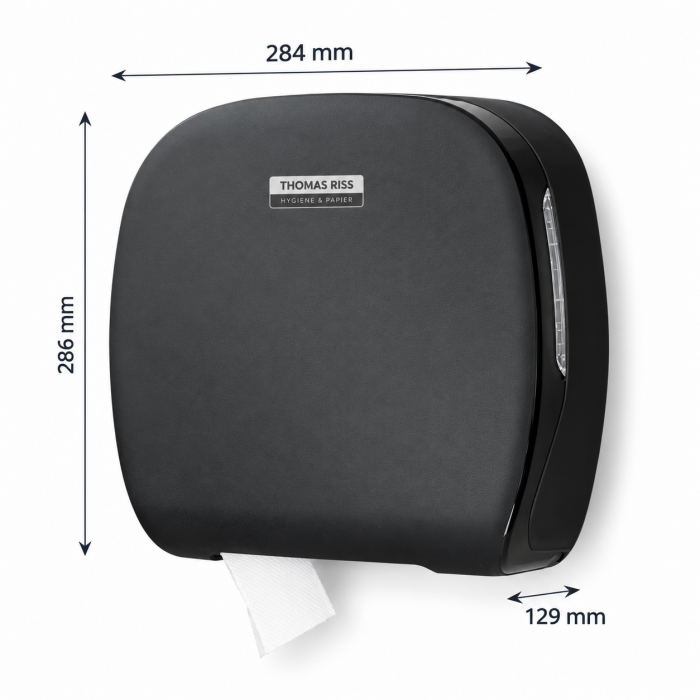 TR Premium Pure Black Jumbo Toilettenpapierspender – Maße 284 x 286 x 129 mm