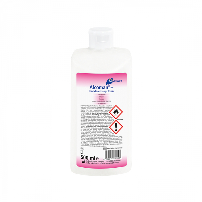 Meditrade ALCOMAN® + Händedesinfektionsmittel 500 ml, gebrauchsfertige Lösung, bakterizid, fungizid, viruzid, für hygienische & chirurgische Händedesinfektion